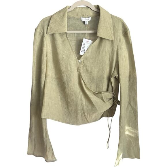Topshop Khaki Wrap Blouse Collared Long Sleeve Side Tie Top NWT Size 12 - Picture 4 of 8